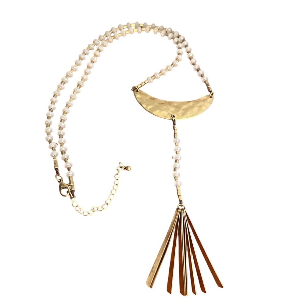 Gold Tone Opaque Faceted Acrylic Beads Necklace Statement Metal Tassel Adj 31"